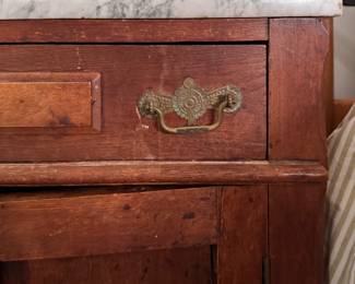 Small Antique Carrara Marble-Topped Cabinet. Measures 28" W x 14" D x 26" H. Photo 3 of 4.