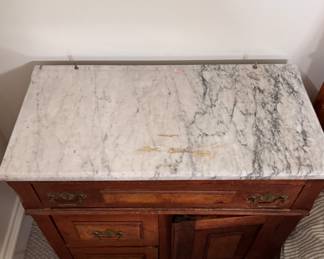 Small Antique Carrara Marble-Topped Cabinet. Measures 28" W x 14" D x 26" H. Photo 2 of 4.