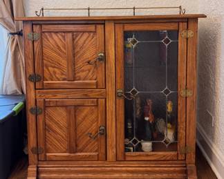 Repurposed Vintage Oak Ice Box with Lead-Glass , Glass-Front Door and Brass Gallery. Measures 44" W x 18" D x 40" H. Photo 1 of 5.