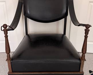 Vintage Campaign Black Matte Leather Upholstered Chair with Solid Copper Frame Chair & Brass Rings. Measures 27" W x 24" D with 17" Seat Height. Photo 1 of 4.