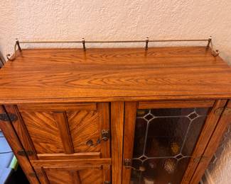 Repurposed Vintage Oak Ice Box with Lead-Glass , Glass-Front Door and Brass Gallery. Measures 44" W x 18" D x 40" H. Photo 2 of 5.