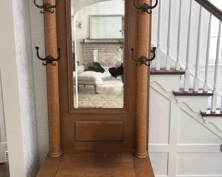Victorian Oak Hall Tree with Mirror, Coat Hooks and Built-In Storage Bench. 