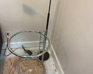 Chrome Accent Table & (1of 2) Matching Floor Lamps