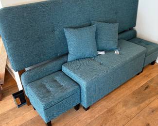 King Upholstered Headboard, Footboard, Ottoman Set & 2 Accent Pillows