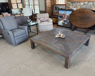 Reclaimed Parquet Conversation Table, Cream CENTURY Swivel Chair & Navy Recliner