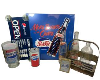 Vintage PEPSI Bottles Carrier + Signs Glass Cards