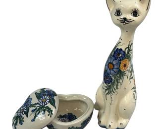 Unikat Polish Pottery Cat Figure Heart Trinket Box Boleslawiec Poland