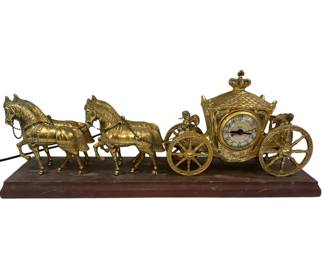Vintage United Clock Horse Drawn Carriage Brass Finish Runs