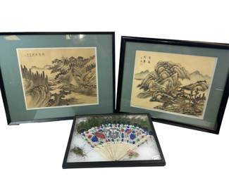 Antique 1930s Ink on Silk Asian Prints Framed + Peacock Fan in Frame 20th Century