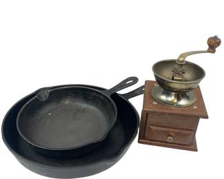Primitive Vintage 2 Cast Iron Skillets + Coffee Grinder
