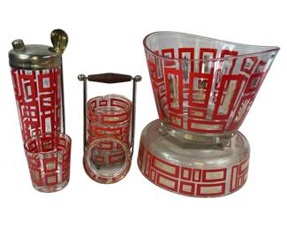 Vintage MCM Red Gold Atomic Starburst Barware Jeannette Glass Shaker Bowls Ashtrays