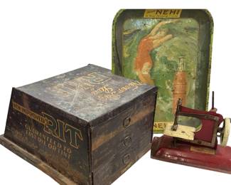 Antique Merchant Countertop Display RIT Dye Never Say + Nehi Tray Toy Sewing
