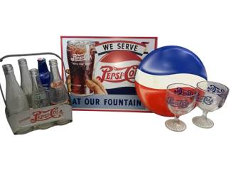 Vintage PEPSI Bottles Carrier + Signs Goblets