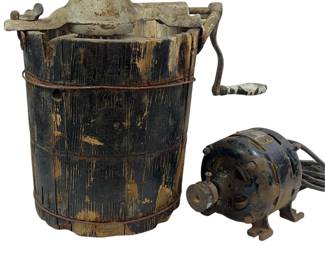 Antique Hand Crank Ice Cream Maker Wood Bucket + Small Motor