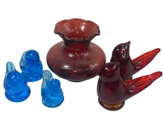 Leo Ward 2 Cardinal Red Art Glass Figures + 3 Bluebird of Happiness