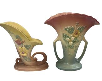 Hull Pottery Wildflower Fan Vase 2 Handles Hairline + Horn Vase