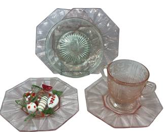 Art Glass Candy Wrapped + Depression Glass Pink Green Plates