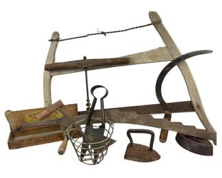 Antique Primitive Hand Tools Wood Working Saw Sad Irons