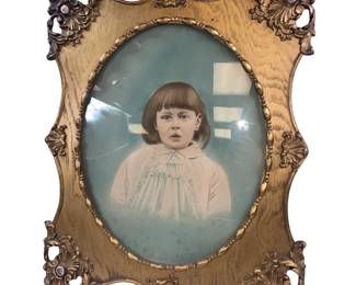 Antique Victorian Era Oval Convex Glass Frame Ornate Design Gilded Pastel Photo