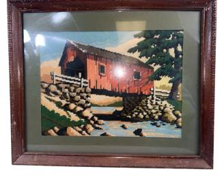 Vintage Covered Bridge Needlepoint Framed Wall Art