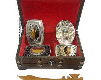Vintage Tigers Eye MOP Belt Buckles Chrome Treasure Box Scimitar