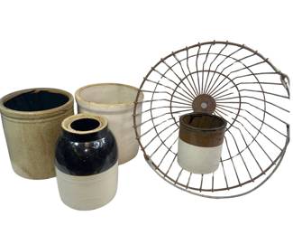 Antique Primitive Egg Basket & Crocks