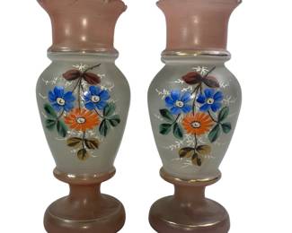 Antique Victorian Bristol Glass Mantle Vases Opaline Hand Painted Floral Pontils