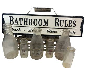 Vintage Dairy Milk Bottles Carrier + Repro Enamel Bathroom Sign