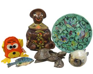 Midcentury Turtle Cookie Jar Figures Fish Ceramic Plate Decor