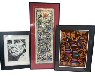 Folk Art Cuna Fabric Mexican Plasido Ascencio Paper Framed Portrait