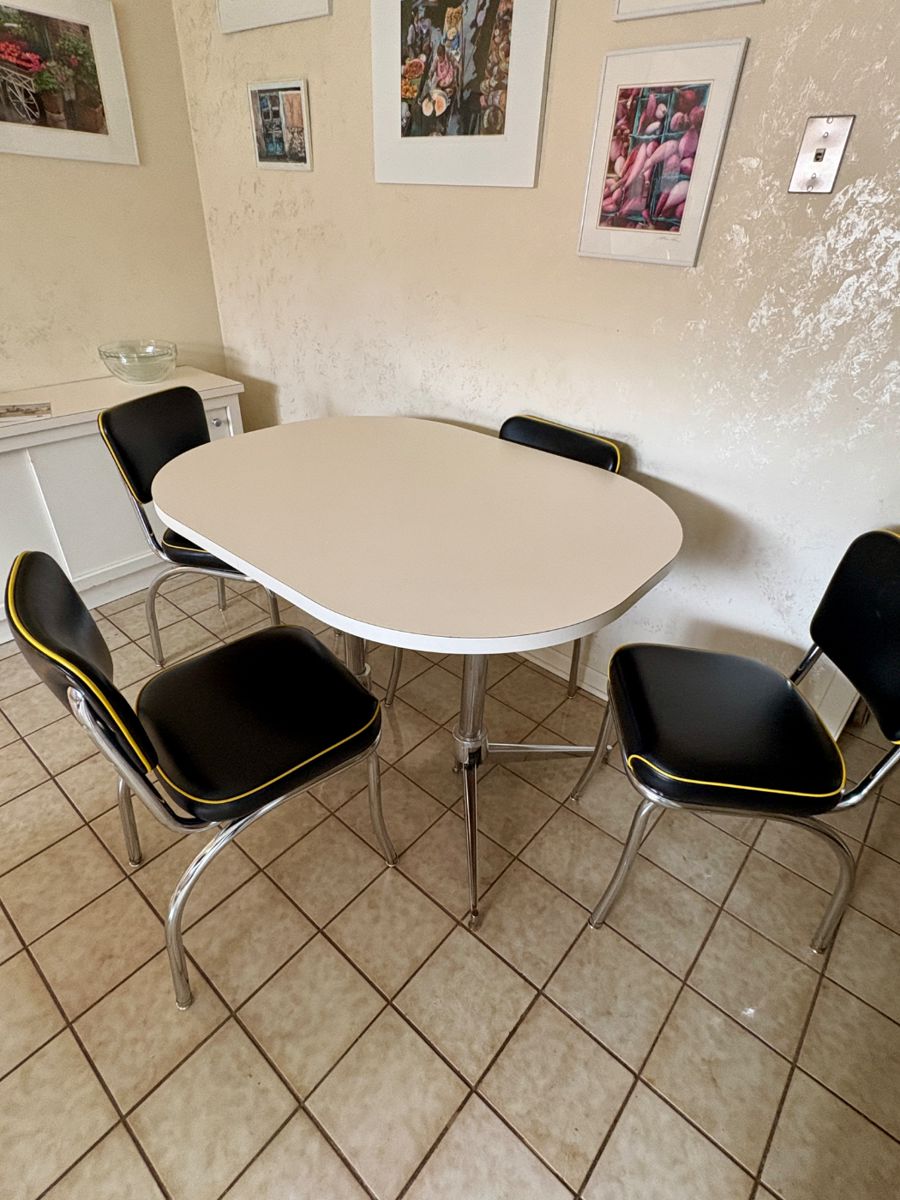 Retro dining chairs and table - chrome, vinyl