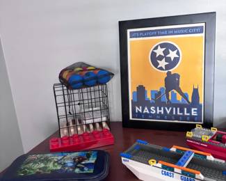 Framed Nashville skyline print, wire desk organizer, dresser decor