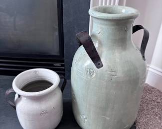 Farmhouse ceramic jug with leather handles, white pottery crock