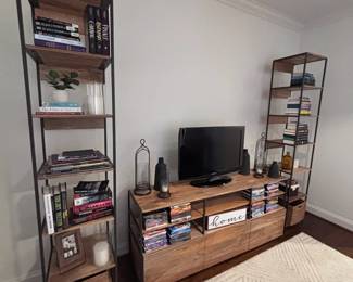 Industrial wood and metal TV console with matching shelving units