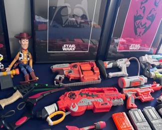 Nerf blaster collection, Star Wars framed art prints, action figures