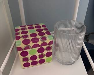 Polka dot storage box, ribbed glass vase, shelf decor