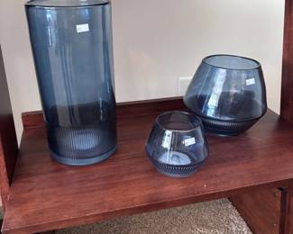 Set of dark blue smoke glass decorative vases
