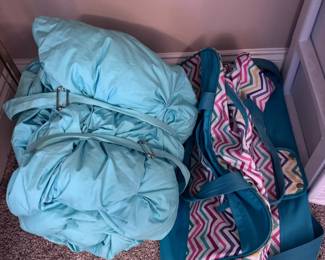 Sleeping bags and kids bedding, teal and pink chevron