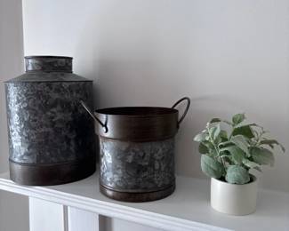 Galvanized metal pitchers and faux potted plant, farmhouse mantel decor