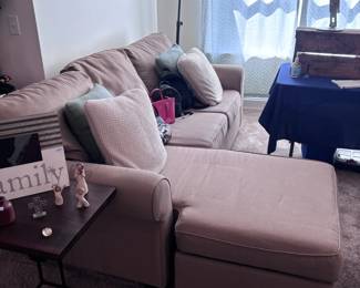 Gray sectional sofa with chaise, adjustable floor lamp
