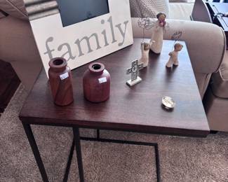Modern wood and metal end table with decor