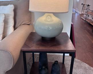 Seafoam ceramic table lamp, dark wood end table, decorative vases