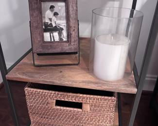 Industrial wood and metal side table with woven storage basket