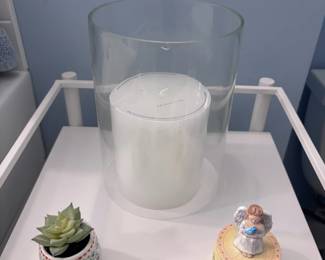 Glass hurricane candle holder, faux succulent planter, trinket box