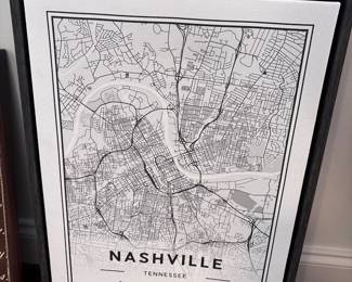 Large framed Nashville Tennessee street map print, black and white