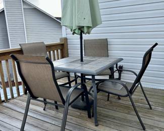 Hampton Bay Table, 4 Arm Chairs, Umbrella