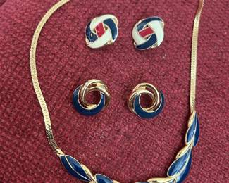 Trifari Blue Enamel Gold Toned Necklace Earrings