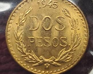 1945 2 Pesos Mexican Gold Coin--.0482 toz AGW