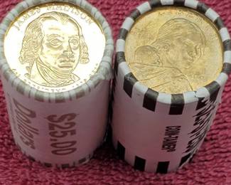 2 Rolls Dollar Coins--Presidential & Sacagawea showing (50 Dollar Coins)