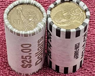 2 Rolls Presidential Dollars with S B Anthony Dollars Showing on 1 End (50 Dollar Coins)